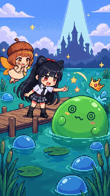 갤러리 그림: 말랑 젤리 늪의 나무 부두에서 설희가 커다란 초록 슬라임을 바라봐요.