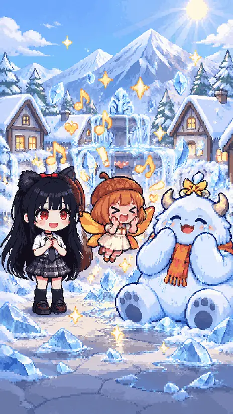 갤러리 그림: 눈꽃이 흩날리는 설산 마을에서 설희와 친구들이 커다란 눈덩이 설인과 함께 있어요.