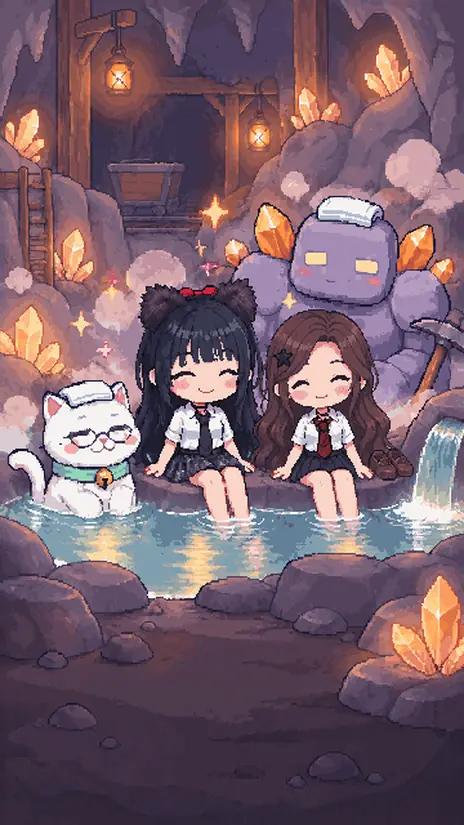 갤러리 그림: 반짝 광산 동굴의 따뜻한 물가에서 설희와 친구들이 나비와 함께 쉬고 있어요.