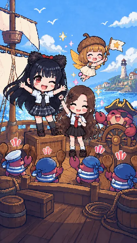 갤러리 그림: 해적 항구의 배 위에서 설희가 두 팔을 벌리고 환호하고 있어요.