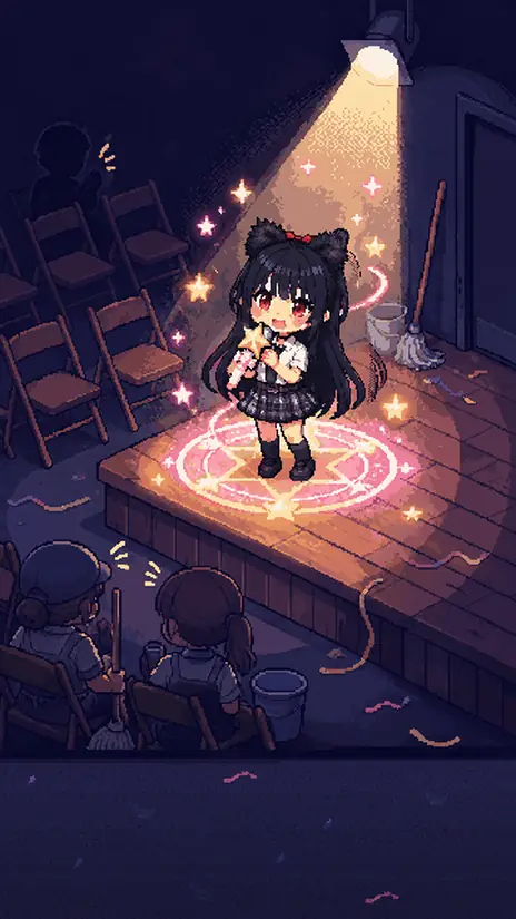 갤러리 그림: 어두운 무대 위 한 줄기 조명 아래 설희가 마이크를 들고 서 있어요.